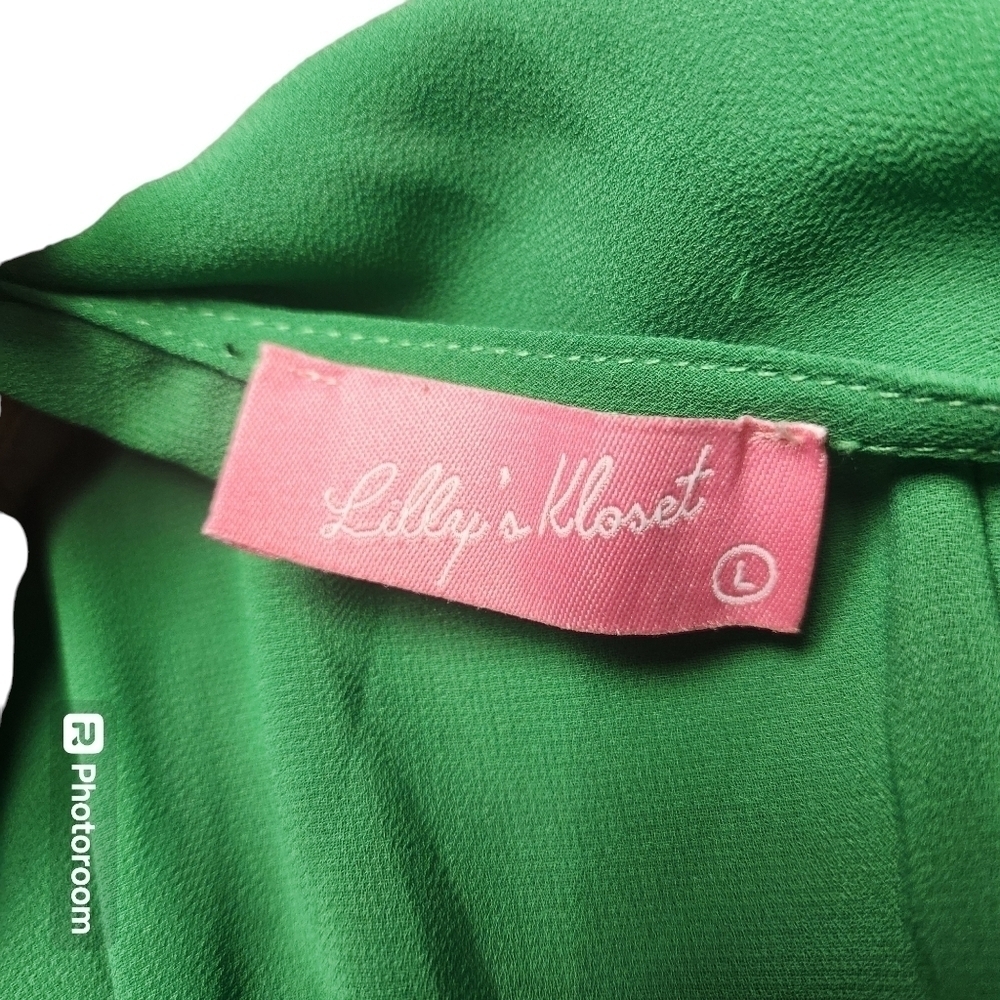 Lilly's Kloset Green Chiffon Temperament Low-cut Waist Dress Short Sleeve Sz. L - Picture 5 of 9